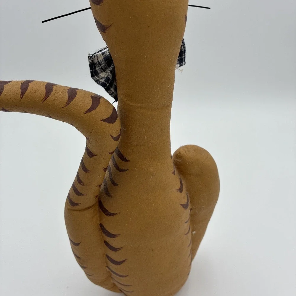 Primitive Folk Art Fabric Cat Figurine Rustic Farmhouse Decor Gingham Bow 14